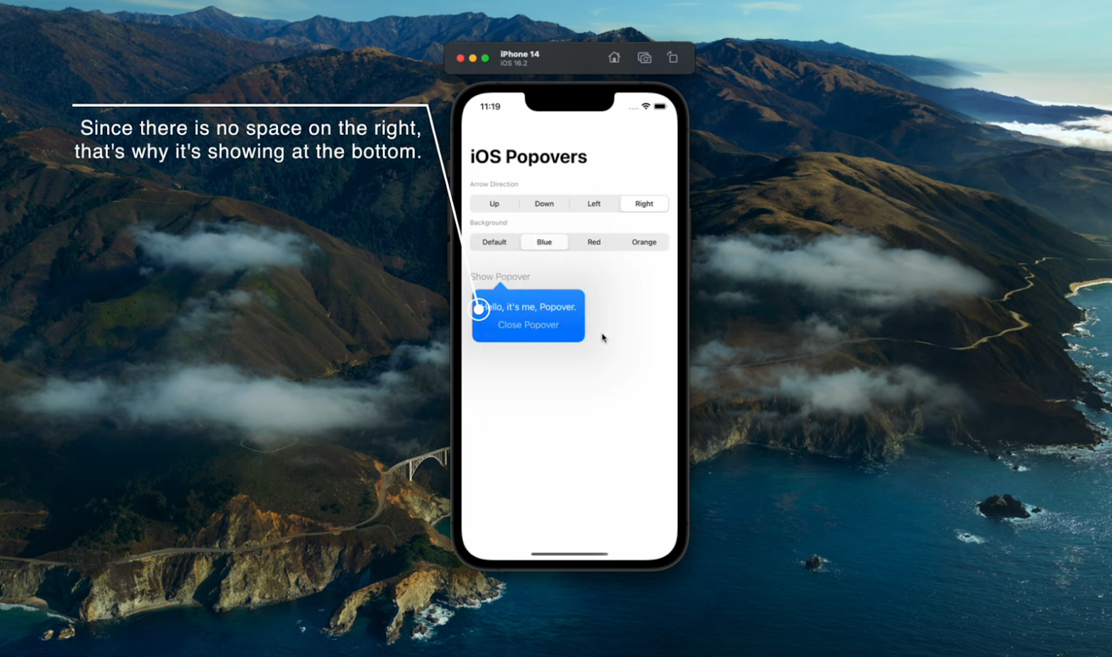 iPhone screen displaying "iOS Popovers" with mountainous background and a pop-up message