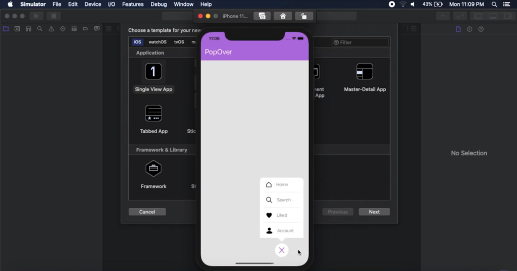 Screenshot of a design interface showcasing "PopOver" template on an iPhone 11 simulator.
