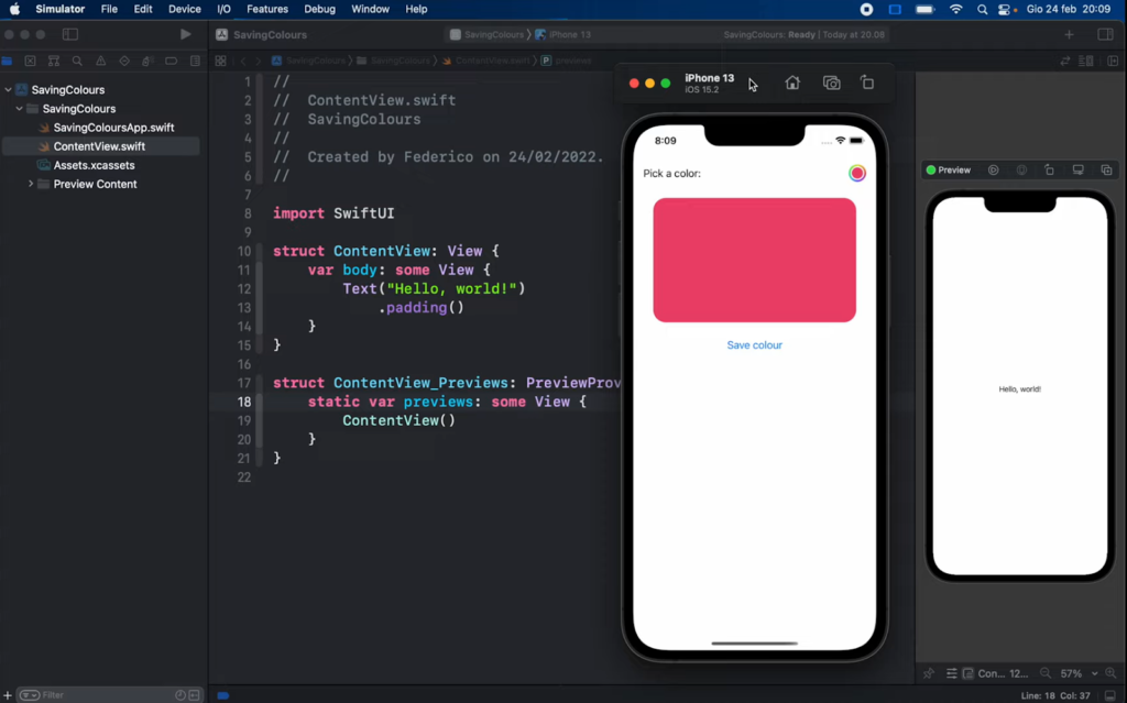 Xcode's editor with a SwiftUI code structure, paired with an iPhone 13 simulator