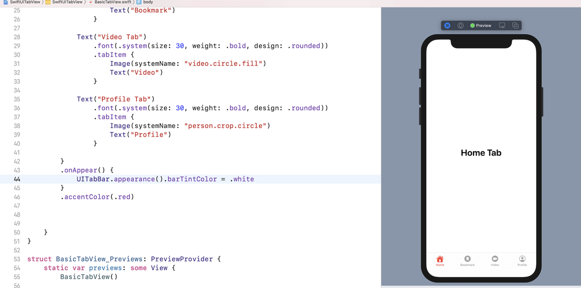 SwiftUI code for tabbed view interface with iPhone preview displaying 'Home Tab' and four tab icons.