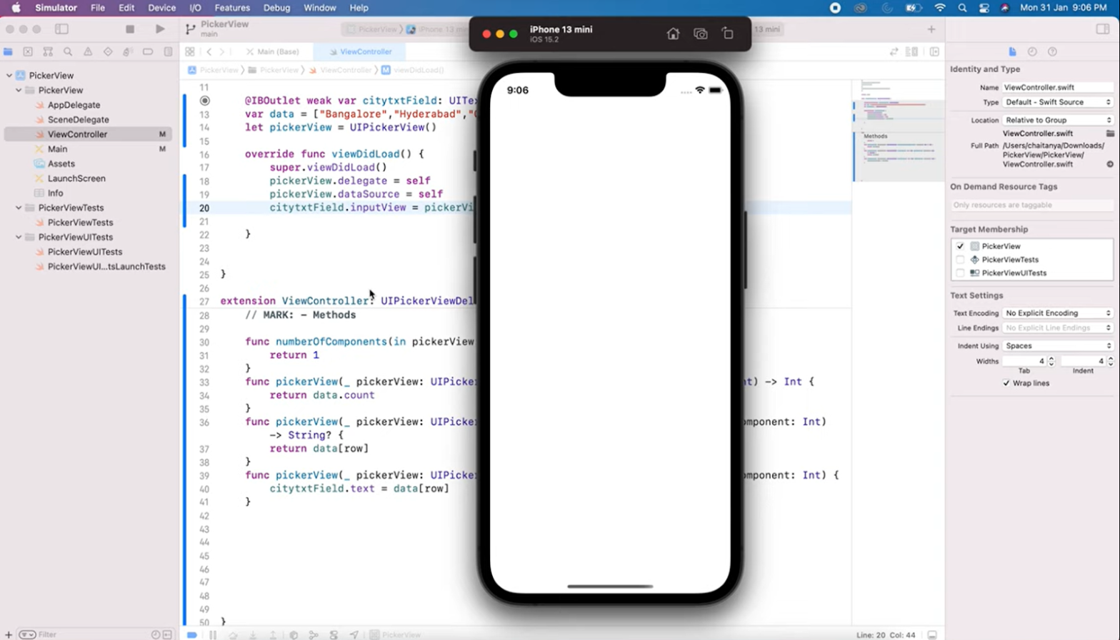 Xcode interface showing Swift code for a city picker app next to an iPhone 13 mini