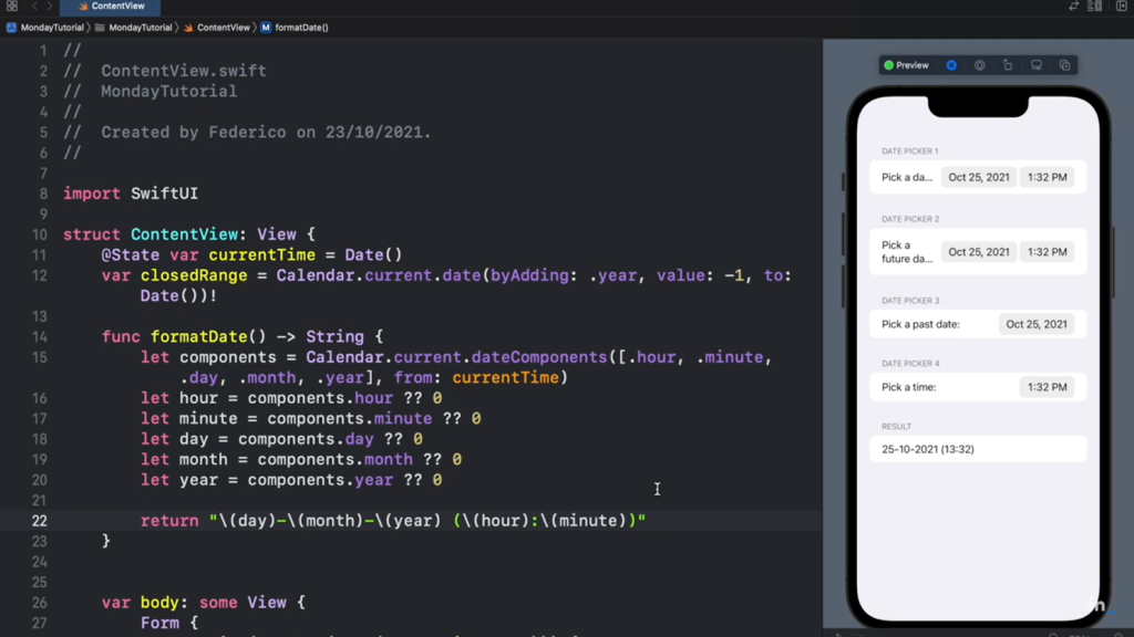  SwiftUI code on the left defines a date formatter; a date picker preview is on the right
