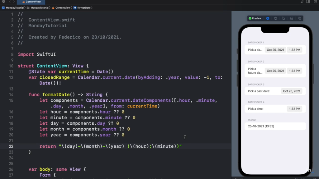 SwiftUI code on the left defines a date formatter; a date picker preview is on the right